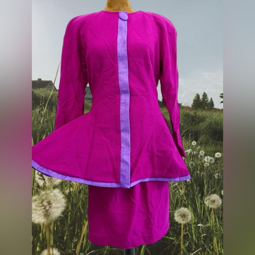 100% Wool Vintage 80s Glam 2 Piece Magenta Retro Top+Skirt Set:Bright Dopamine